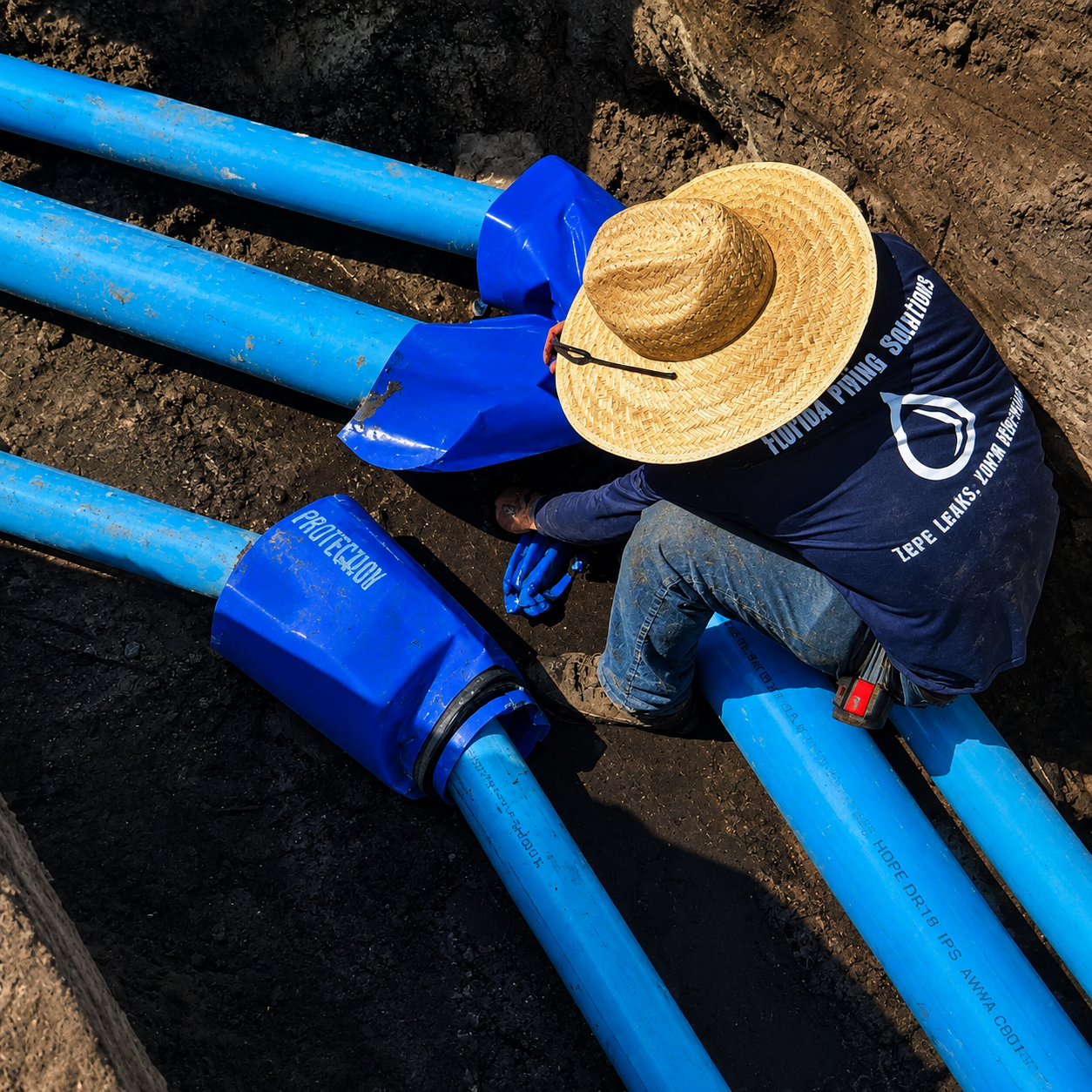 Worker installing blue water pipeline sections in a trench at a utility worksite