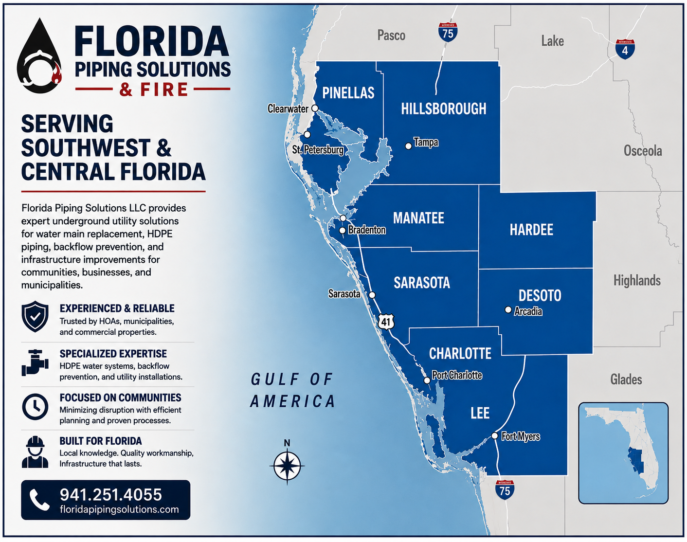 Florida service area map graphic showing coverage across Southwest and Central Florida counties