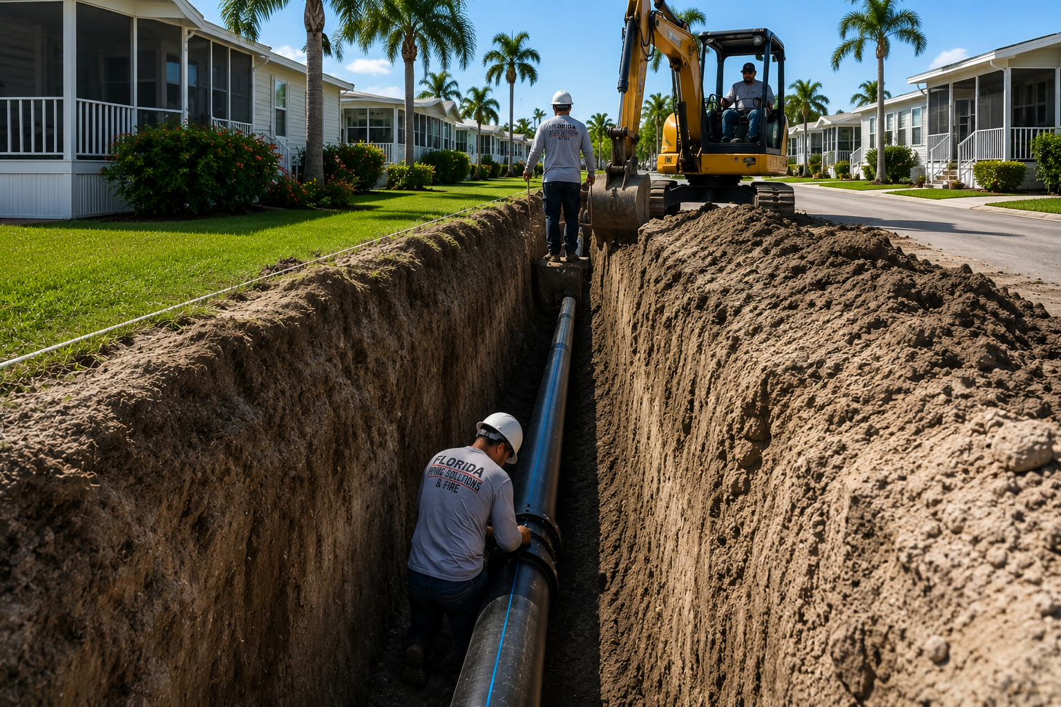 Crew installing underground pipeline in a Florida community